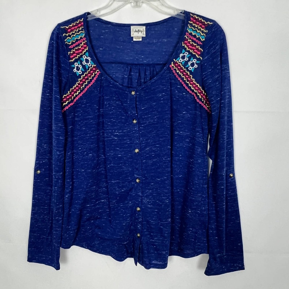 Daytrip Button Down Blue Embroidered Top